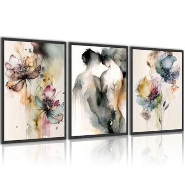 Imagem de Arte de parede em tela aquarela de 3 peças, impressão de pôster abstrato, pintura romântica de casal e flores, decoração de quarto de sala de estar, arte mural, 30,5 x 40,6 cm, sem moldura