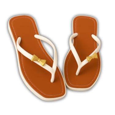 Imagem de Rasteirinha Chinelo Feminino Luxo Laço Dourado | Chinelo Flat Confortável Verão | Sandália Casual Elegante para Praia e Dia a Dia (Branco, BR, Adulto, Faixa Numérico, 37, 38)