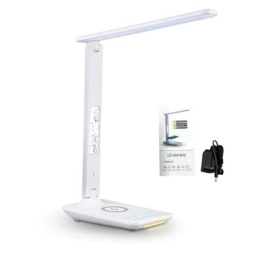 Imagem de Luocute Lâmpada de Mesa LED, Giratória Com Carregamento Sem Fio, 5 Temperaturas de Cor, Controle de Toque, Luz Noturna Regulável, Display HD Com Alarme de Temperatura de Data e (TX2260 Branco com