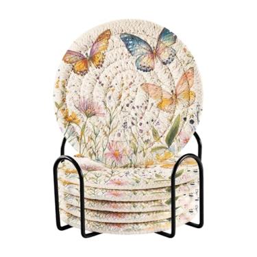 Imagem de SEHANY Elegante conjunto de 6 porta-copos de flores de borboleta com suporte, porta-copos redondos absorventes de algodão resistente ao calor para mesa de jantar, canecas de café, 10 cm