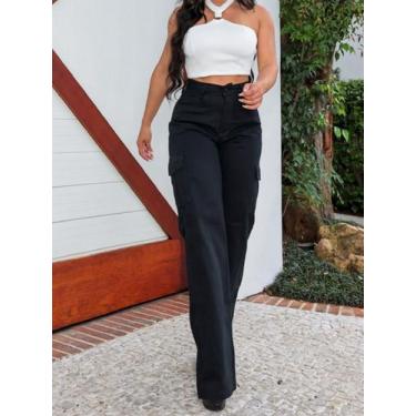 Imagem de Calça cargo jeans feminina preta com bolsos laterais - patricia ribeir