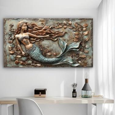Imagem de Arte de parede em tela rústica em relevo de sereia - Pôster sem moldura de 30 x 61 cm - Decoração de casa e escritório para sala de estar, quarto, cozinha e café
