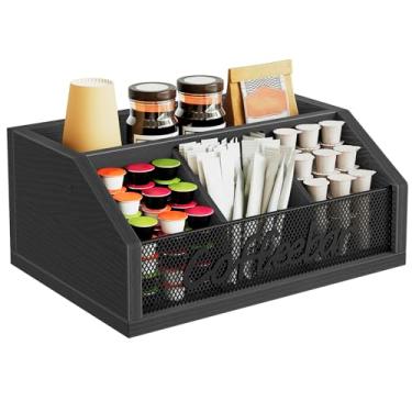Imagem de YATINEY Organizador de cápsulas de café para bancada, organizador de estação de café de madeira com divisórias, comporta xarope, xícaras, saquinhos de chá para cozinha, escritório, preto KH11BB