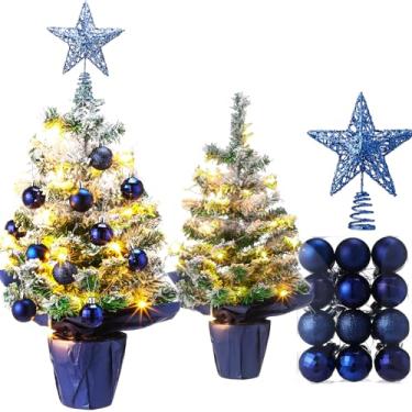 Imagem de Sumind Conjunto de mini árvore de Natal de mesa de 61 cm/0,6 m com luzes LED, 24 enfeites de bola de Natal, decoração de árvore verde artificial pequena pré-iluminada para mesa de Natal, férias