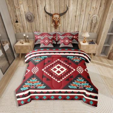 Imagem de Conjunto de cama queen boho tribal ocidental com 7 peças, flecha tribal étnica em uma bolsa, conjunto de cama geométrica asteca inclui edredom, conjunto de lençol, fronhas e fronhas, vermelho