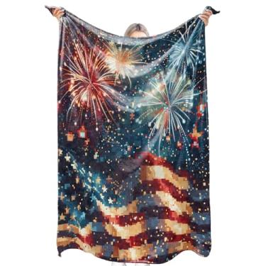 Imagem de zbezbe Pixel Manta de flanela com bandeira americana fogos de artifício festiva celebração patriótica cobertores leves e macios para festa, cadeira, cama, sofá, acampamento, viagem, decoração de casa