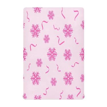 Imagem de Qilmy Lençóis de berço de Natal com fita de floco de neve, de microfibra macia, respirável, elástico, lençol com elástico para meninos e meninas, miniberço, 132 x 71 cm, capa de colchão infantil
