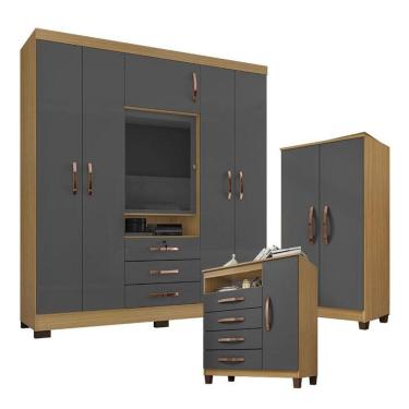 Imagem de Guarda Roupa Casal Imperial Com Armário Multiuso Recife E Cômoda Cannes Carvalho Americano Grafite