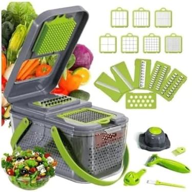 Imagem de Cortador e Ralador de Vegetais Multifuncional, 22 Peças, Plástico e Metal, Cinza Verde e Branco, com Lâminas, Descascador, Separador de Ovos