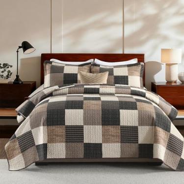 Imagem de KALOOLA Conjunto de colcha Queen Size 100% algodão – Colcha leve acolchoada com 2 fronhas para cama queen, estampa reversível, estampa xadrez para todas as estações, carvão/bege/marrom, 3 peças