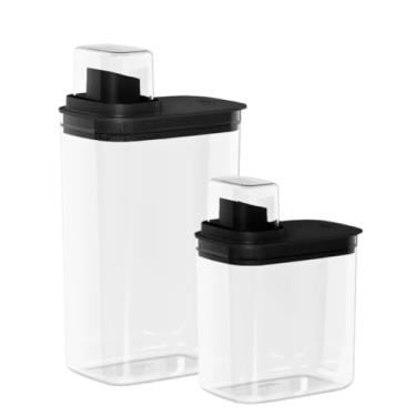 Imagem de Kit 2un Dispenser Dosador Porta Sabão em Pó Líquido Amaciante Multiuso Acrílico Resistente Hermético Com Medidor 1,5L+2,3L - Linha Flow OU Preto