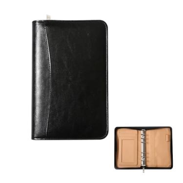 Imagem de GSHLLO A6 Capa de fichário de couro PU com zíper recarregável, 6 anéis, capa de planejador, carteira, carteira, organizador de orçamento, capa de caderno, acessórios para escritório, casa, preto