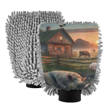 Imagem de ODAWA Luvas de microfibra para lavagem de carro Farmhouse Rooster Pig para canhão de espuma, pacote com 2, 18 x 26 cm