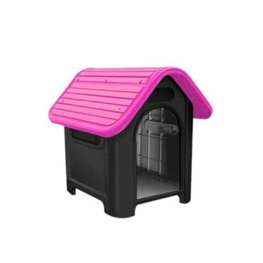 Imagem de Casinha para Cachorro N6 em Plástico Resistente – Casa Pet Desmontável com Ventilação e Proteção Contra Chuva (TELHADO ROSA BASE PRETA)