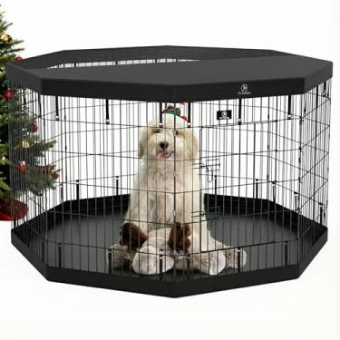 Imagem de PJYuCien Cercadinho para Cães - Caneta Dobrável para Exercícios para Cães com 8 Painéis de 36 "H de Metal, Cerca para Animais de Estimação, Canil para Caixotes de Cachorro, Interno e Externo com Tampa