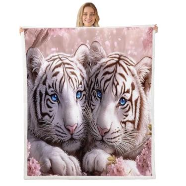 Imagem de Erosebridal Lindo cobertor de tigre branco flor de cerejeira felpuda cobertor solteiro 152 cm x 203 cm, cobertor de lã animal de flor rosa para crianças e adultos, decoração de vida selvagem Sakura