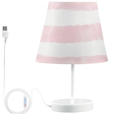Imagem de TSENQUE Candeeiro de mesa com listras em aquarela, rosa, USB, lindo candeeiro de cabeceira personalizado para mesa de cabeceira, lâmpada LED quente regulável, decoração de quarto de crianças