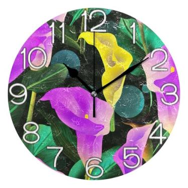 Imagem de GAIGEO Relógio de parede decorativo analógico operado por bateria relógio de cozinha fofo, arte de parede boho decoração de casa, lírios roxo amarelo, 25 cm, ponteiros dourados