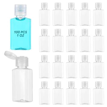 Imagem de 100 frascos de viagem de 30 ml com tampa flip, recipientes recarregáveis de plástico transparente para viagem, recipientes de higiene pessoal de espremer, recipientes de cosméticos vazios portáteis à