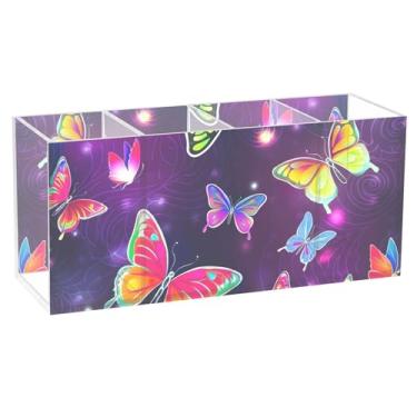 Imagem de TSENQUE Porta-lápis de mesa de acrílico roxo com borboletas coloridas e personalizadas, copo de papelaria para canetas, organizador de escritório para mesa