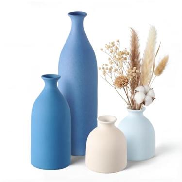 Imagem de Dandat Conjunto de 4 vasos de cerâmica, vasos de cerâmica decorativos modernos, decoração de mesa de cerâmica rústica para buquê, grama pampa, flores frescas secas, sala de estar, cozinha, quarto
