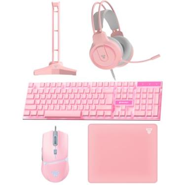 Imagem de FANTECH Teclado e mouse para jogos com fio para fone de ouvido e suporte de fone de ouvido para jogos mouse pad com fio RGB arco-íris mouses PC iniciantes jogadores básico 5 em 1 para PC, laptop, Xbox