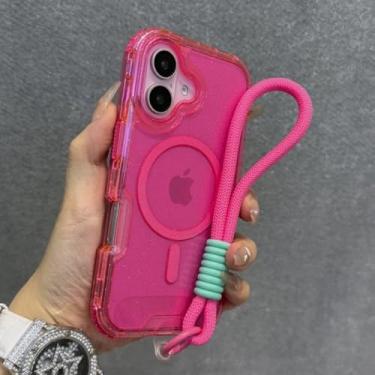 Imagem de Capa magnética transparente com glitter para iPhone 16, 15, 14 Plus, 13, 16 Pro Max, alça de pulso, cordão, capa protetora à prova de choque, rosa-avermelhado, para iPhone 16 Plus