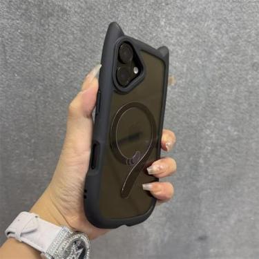 Imagem de Capa magnética com estampa de gato para iPhone 16 ProMax 12 13 14 15 Pro Max 16 Plus 11 com pulseira e cordão, capa transparente, preta, para iPhone 15