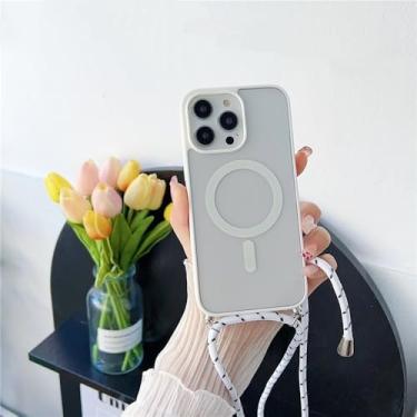 Imagem de Capa transparente com cordão transversal para iPhone 16, 15 Pro Max, 14 e 13, com cordão magnético e carregador sem fio, branca, para iPhone 16