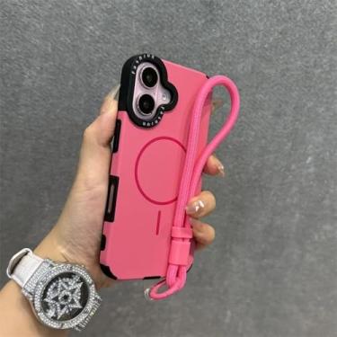 Imagem de Capa de couro PU da moda para iPhone 15 16 Plus 14 13 12 Pro Max 11 com alça de pulso, capa magnética macia à prova de choque, rosa, para iPhone 13 Pro Max