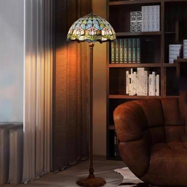 Imagem de Luminária de chão estilo Tiffany com vitrais de rosas, tulipas, glicínias, lírios e uvas, com cúpula feita à mão, ideal para decoração de ambientes [2 lâmpadas][40,6 cm L x 165 cm A], Tulipa