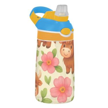 Imagem de Cute Highland Cows Pink Flowers Garrafa de água para crianças 473 ml Garrafa de água de plástico à prova de vazamento Tritan com tampa de canudo 473 ml Copos de viagem portáteis para crianças