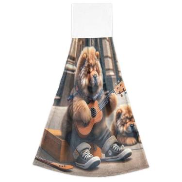 Imagem de Joisal Puppy Ukulele Chow Chow Toalhas de cozinha de mão para cachorro com laço de pendurar conjunto de 2 toalhas de casa e cozinha macias e absorventes fofas, 46 x 35 centímetros