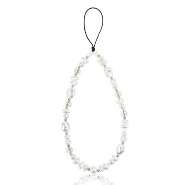 Imagem de Pulseira de telefone com contas de pérola em forma de pérola, pulseira de telefone com contas douradas e brancas, pulseira fofa com cordão e pingente para mulheres