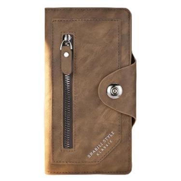 Imagem de Carteira masculina, carteira de couro vintage ultrafina longa com zíper e fecho magnético, organizador seguro de grande capacidade para visual atemporal (mogno)