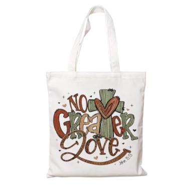 Imagem de Sacola de Dia dos Namorados, Sacola de Compras de Lona Reutilizável para Mulheres, Presente Ecológico no Mercado de Mercado de Ombros, Arte "No Greater Love", Cruz e Coração, Bolsa de Lona Branca para