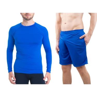 Imagem de Conjunto Camiseta Longa Light Masculina e Calção Masculino Bermuda Esportiva com Bolso Fitness Academia UV50+ Trygg (XGG, Azul)