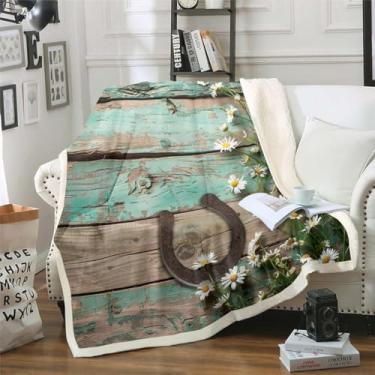 Imagem de Cobertor rústico de casa de fazenda, azul-petróleo, campo, madeira, porta de celeiro, cobertor de cama queen 228 cm x 236 cm, decoração de margarida, cobertor de lã de ovelha para cama, sofá, cowboys