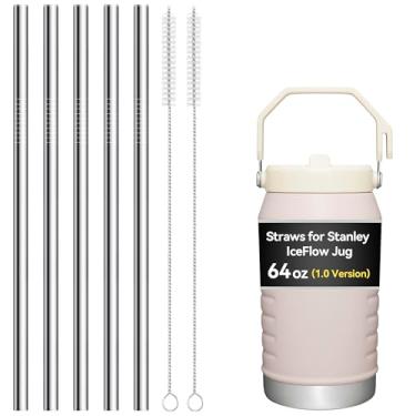 Imagem de Snowfall Pacote com 5 canudos de metal de 20 cm para copo Stanley IceFlow de 1,8 g, 6 canudos reutilizáveis de fluxo de gelo de aço inoxidável com 2 escovas de limpeza, compatíveis com tampa flip