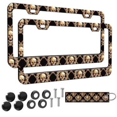 Imagem de 2 peças de moldura de placa de licença para mulheres, molduras decorativas de carro femininas, suporte de capa de placa de carro com etiqueta de chaveiro de carro dupla face (para caveira marrom, 2