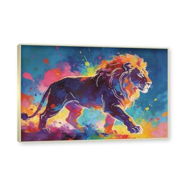 Imagem de NHLDZYH Moldura dourada. Pintura salpicada de leão pintura em tela abstrata arte animal mural vívido chama a atenção para sala de estar decoração de casa moderna. A62. 40 x 60 cm.