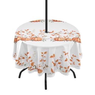 Imagem de Wassud Toalha de mesa redonda para uso ao ar livre com guarda-chuva buraco abóbora com folhas, toalhas de mesa de pátio de 152 cm para aniversário, casa de fazenda, cozinha