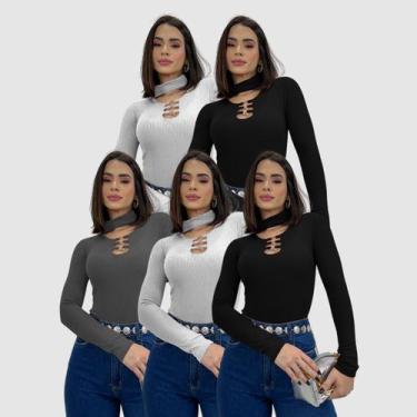 Imagem de Kit 5 Body Blusa Canelada Manga Longa Gola Choker  Moda Gringa Social 