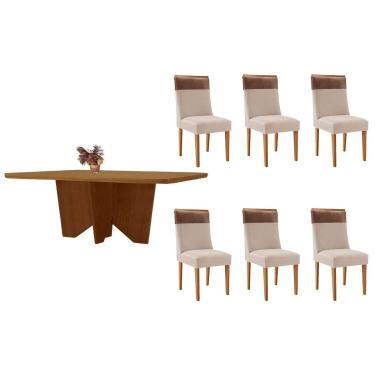 Imagem de Sala Jantar Mesa Nevada Tampo Curvo 180cm+6 Cadeiras Jaspe Madeira Naturale - Capuccino/Suede Creme - Rufato