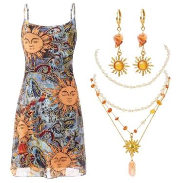 Imagem de Croloose 3 peças femininas vintage hippie discoteca boho terno mini vestido cristal sol colar brincos para mulheres joias de Natal presente (M)