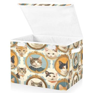 Imagem de Blueangle Cestos de armazenamento fofos para gatos com tampas, 42 x 32 x 30 cm, grande cesta organizadora dobrável para decoração de casa e escritório (450)