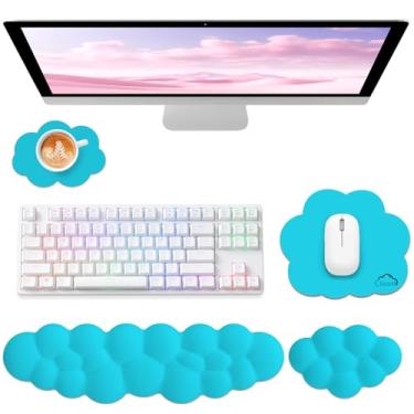 Imagem de Sushret Apoio de Pulso em Nuvem para Teclado, Conjunto 4 em 1 com Espuma de Memória e Couro Vegano, Descanso Ergonômico para Pulso e Braço, Almofada para Teclado e Mouse, Para Jogos e Escritório