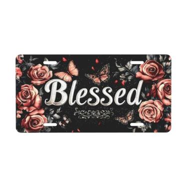 Imagem de Blissed com placa de licença floral e borboleta decorativa. Placa de metal para carro. Etiqueta de vaidade. Placa de carro de alumínio Noverlty impermeável Colorfast 30 × 15 cm