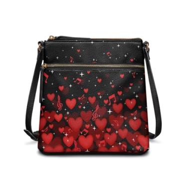 Imagem de HUGS IDEA Bolsa transversal para o Dia dos Namorados para mulheres, moderna, bolsa de couro para namoro, bolsa para celular, Notas musicais de corações vermelhos