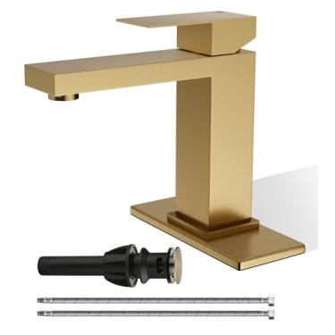 Imagem de BATH FAMOLI Torneira de banheiro ouro de titânio escovado, torneira de banheiro de orifício único, torneiras modernas de banheiro de aço inoxidável de alça única para pia 1 orifício com rolha de